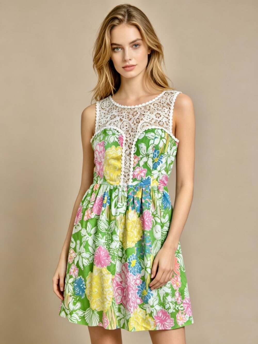 NWOT Lilly Pulitzer Raegan Hibiscus Stroll Print Lace Inset Fit & Flare Dress